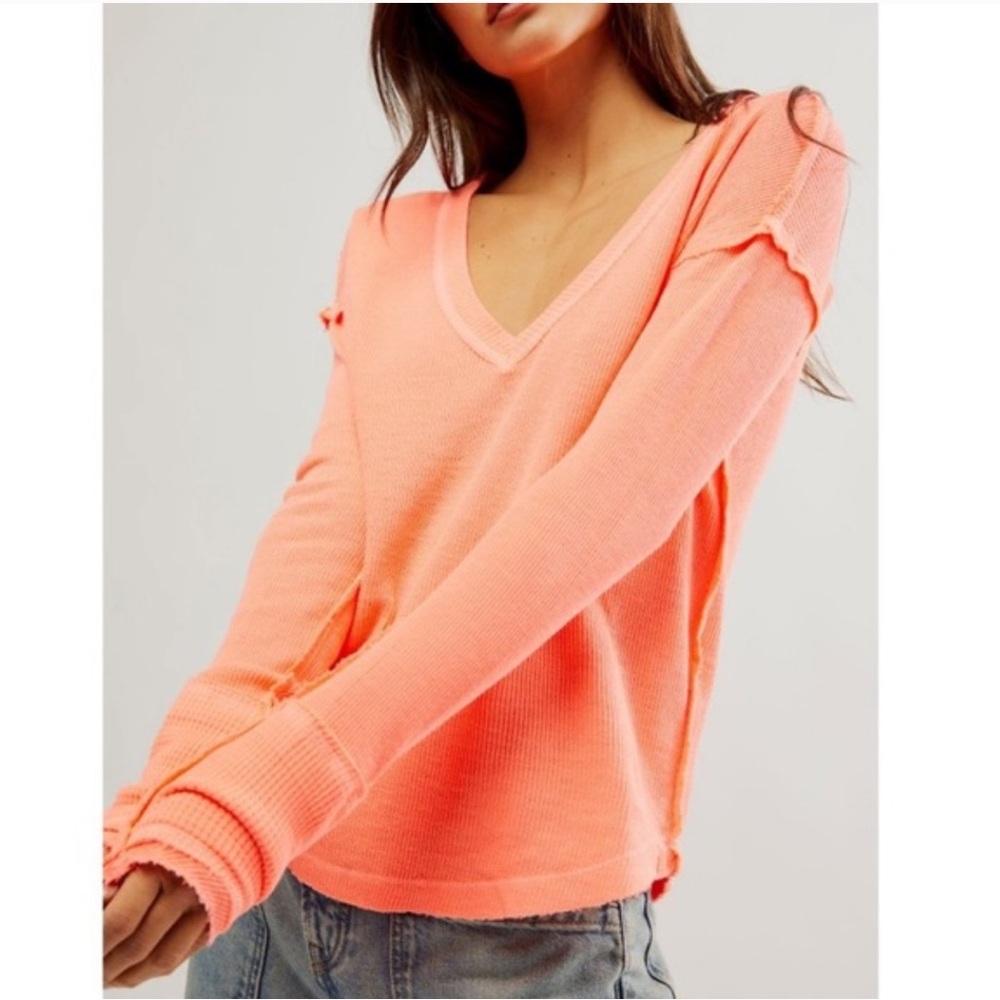 Free People We The Free Sail Away Deep V-Neck Thermal Shirt XS Fluorescent Coral